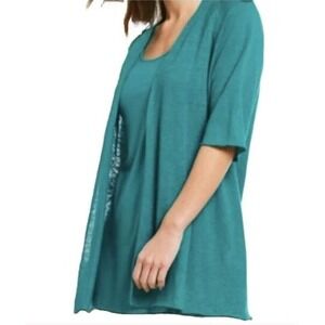 Eileen Fisher Teal Green Open Front Half Sleeve Organic Linen‎ Cardigan Size PP